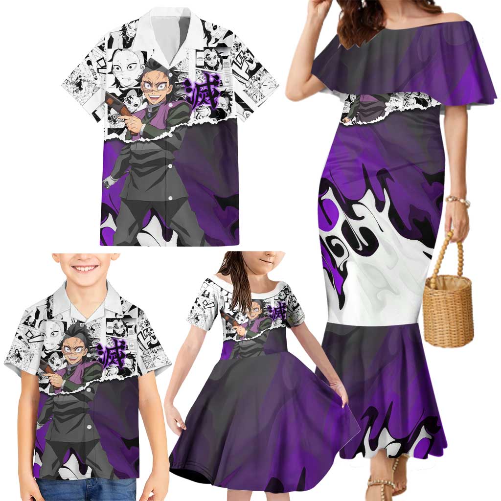 Genya Shinazugawa Demon Slayer Manga Panel Black and White Theme Family Matching Mermaid Dress and Hawaiian Shirt with Purple Accents and Gun Action Pose