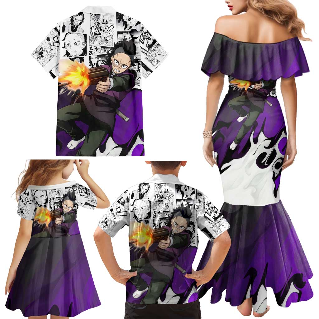 Genya Shinazugawa Demon Slayer Manga Panel Black and White Theme Family Matching Mermaid Dress and Hawaiian Shirt with Purple Accents and Gun Action Pose