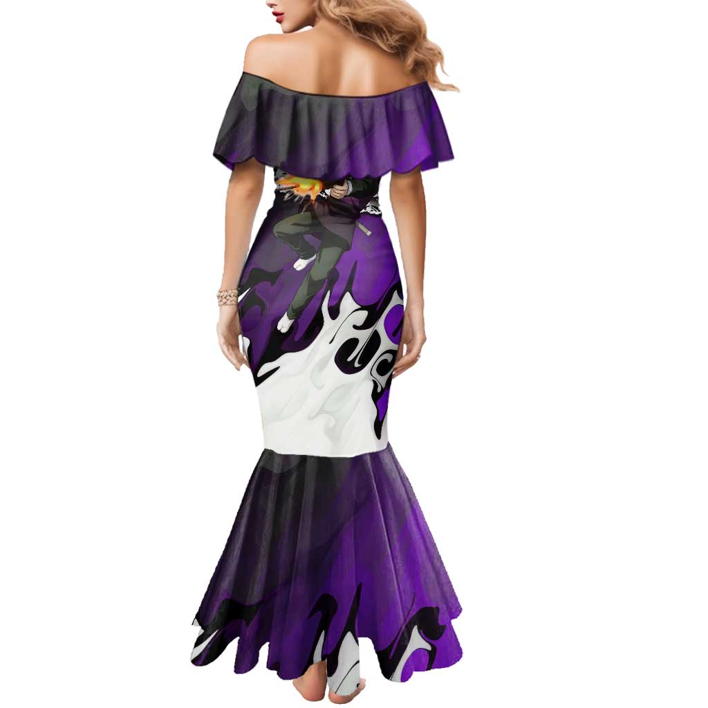 Genya Shinazugawa Demon Slayer Manga Panel Black and White Theme Family Matching Mermaid Dress and Hawaiian Shirt with Purple Accents and Gun Action Pose