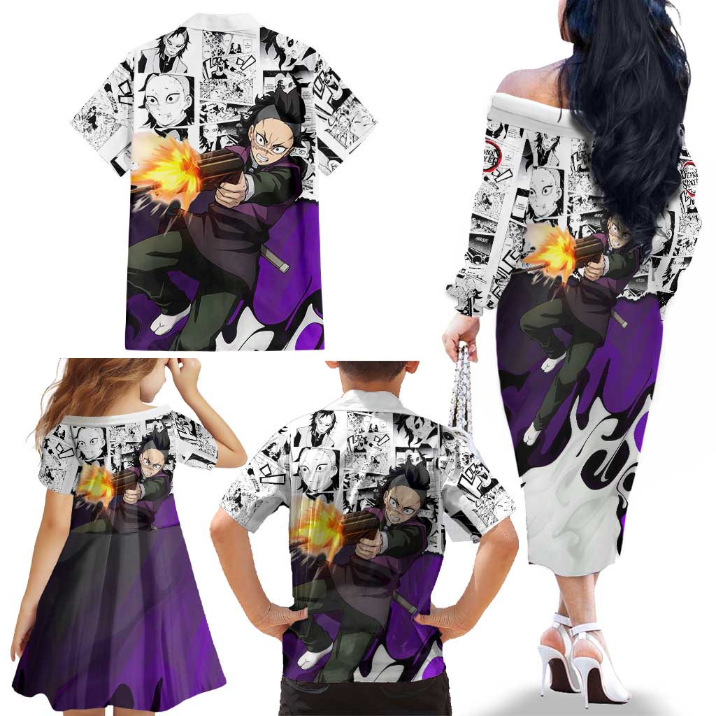 Genya Shinazugawa Demon Slayer Manga Panel Black and White Theme Family Matching Off The Shoulder Long Sleeve Dress and Hawaiian Shirt with Purple Accents and Gun Action Pose