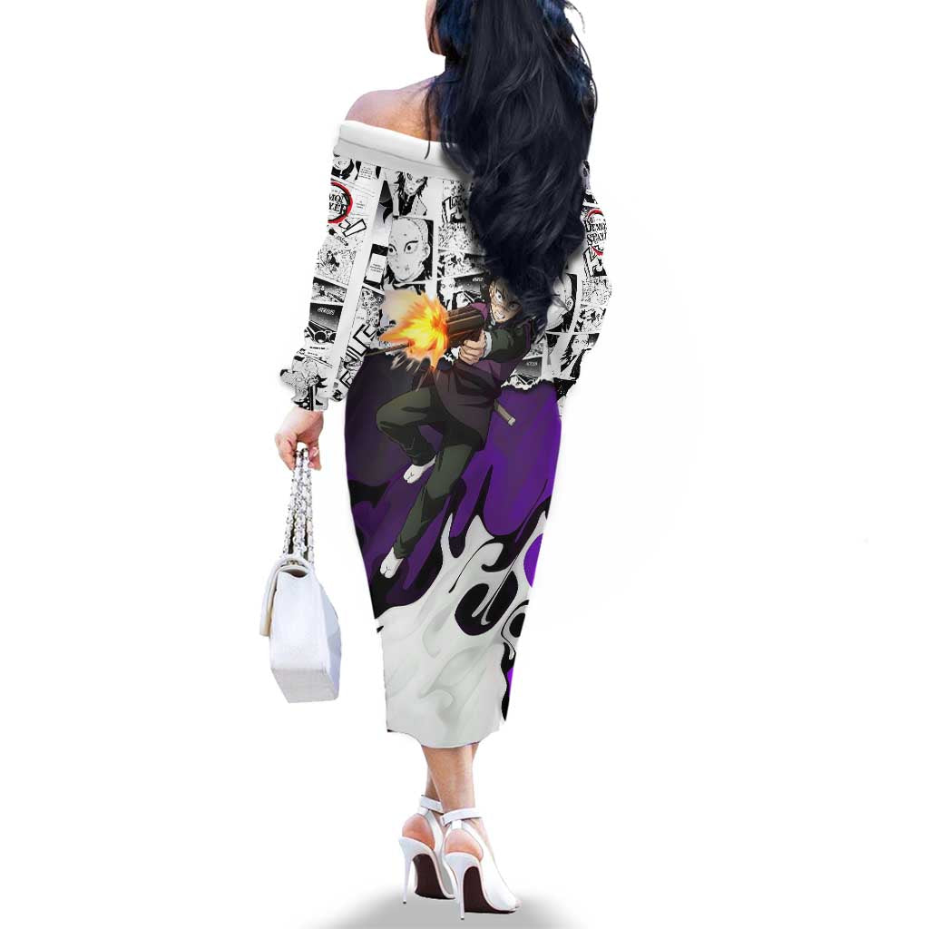 Genya Shinazugawa Demon Slayer Manga Panel Black and White Theme Family Matching Off The Shoulder Long Sleeve Dress and Hawaiian Shirt with Purple Accents and Gun Action Pose