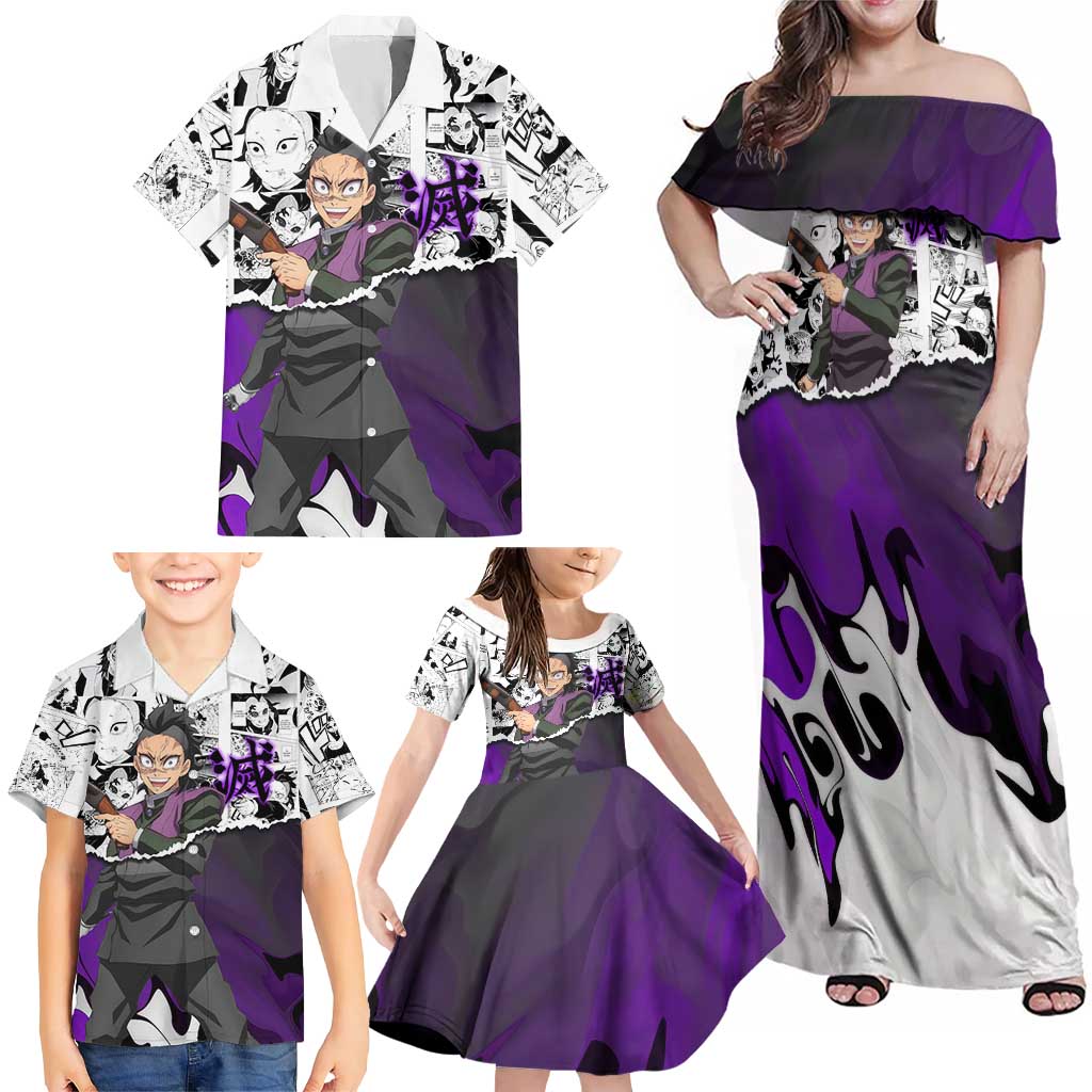 Genya Shinazugawa Demon Slayer Manga Panel Black and White Theme Family Matching Off Shoulder Maxi Dress and Hawaiian Shirt with Purple Accents and Gun Action Pose