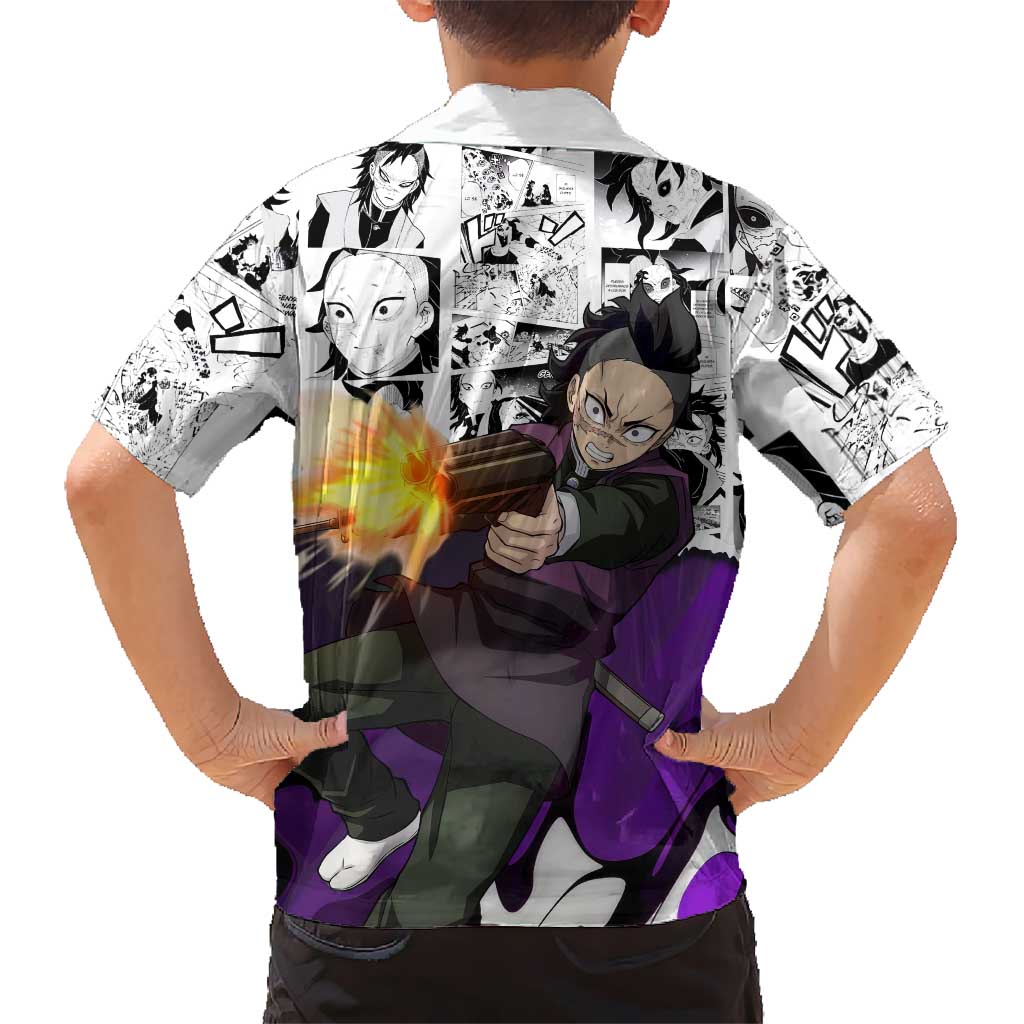 Genya Shinazugawa Demon Slayer Manga Panel Black and White Theme Family Matching Off Shoulder Maxi Dress and Hawaiian Shirt with Purple Accents and Gun Action Pose