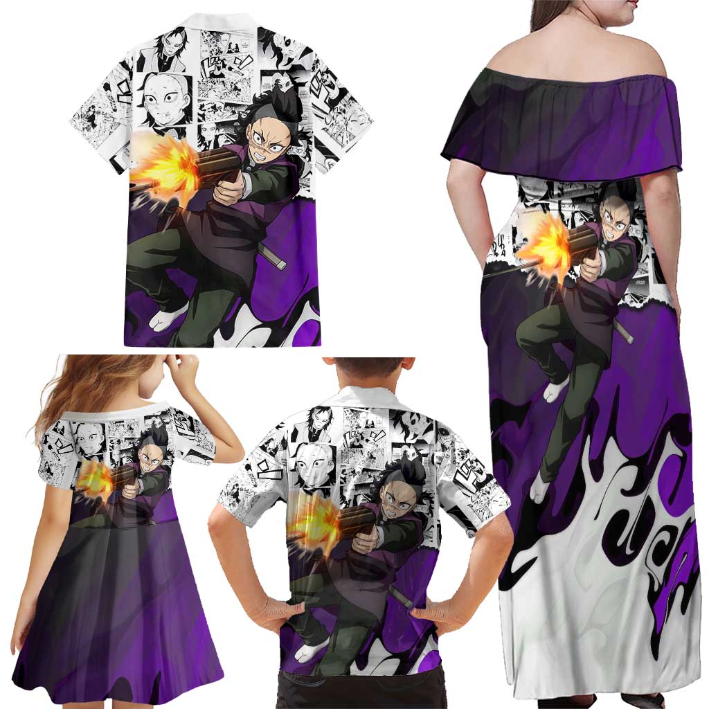 Genya Shinazugawa Demon Slayer Manga Panel Black and White Theme Family Matching Off Shoulder Maxi Dress and Hawaiian Shirt with Purple Accents and Gun Action Pose
