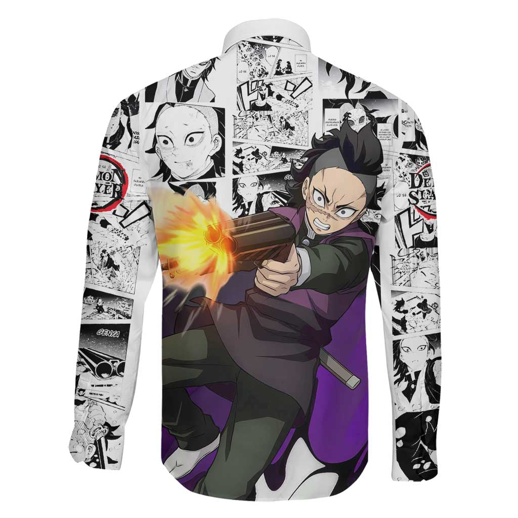 Genya Shinazugawa Demon Slayer Manga Panel Black and White Theme Family Matching Off Shoulder Maxi Dress and Hawaiian Shirt with Purple Accents and Gun Action Pose