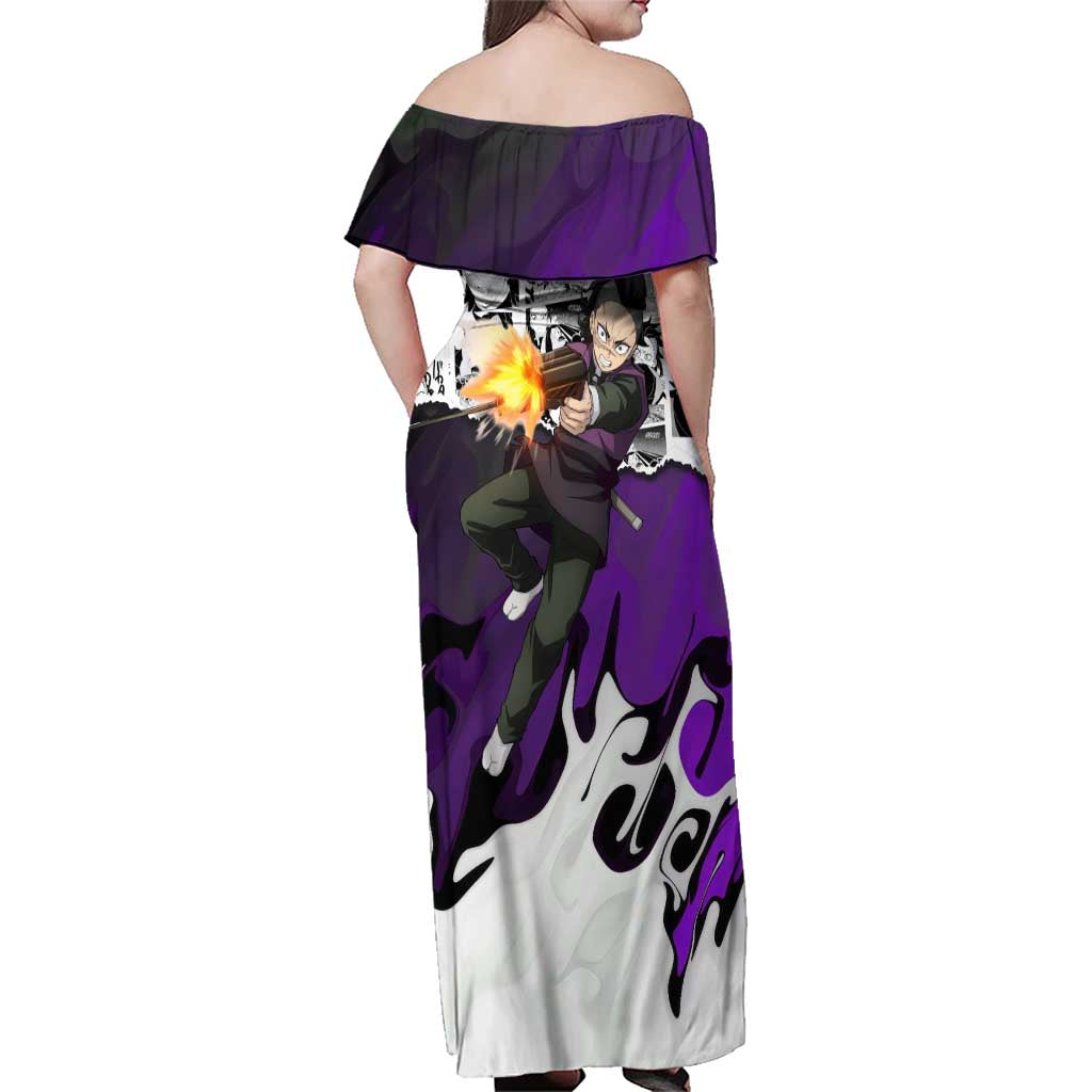 Genya Shinazugawa Demon Slayer Manga Panel Black and White Theme Family Matching Off Shoulder Maxi Dress and Hawaiian Shirt with Purple Accents and Gun Action Pose