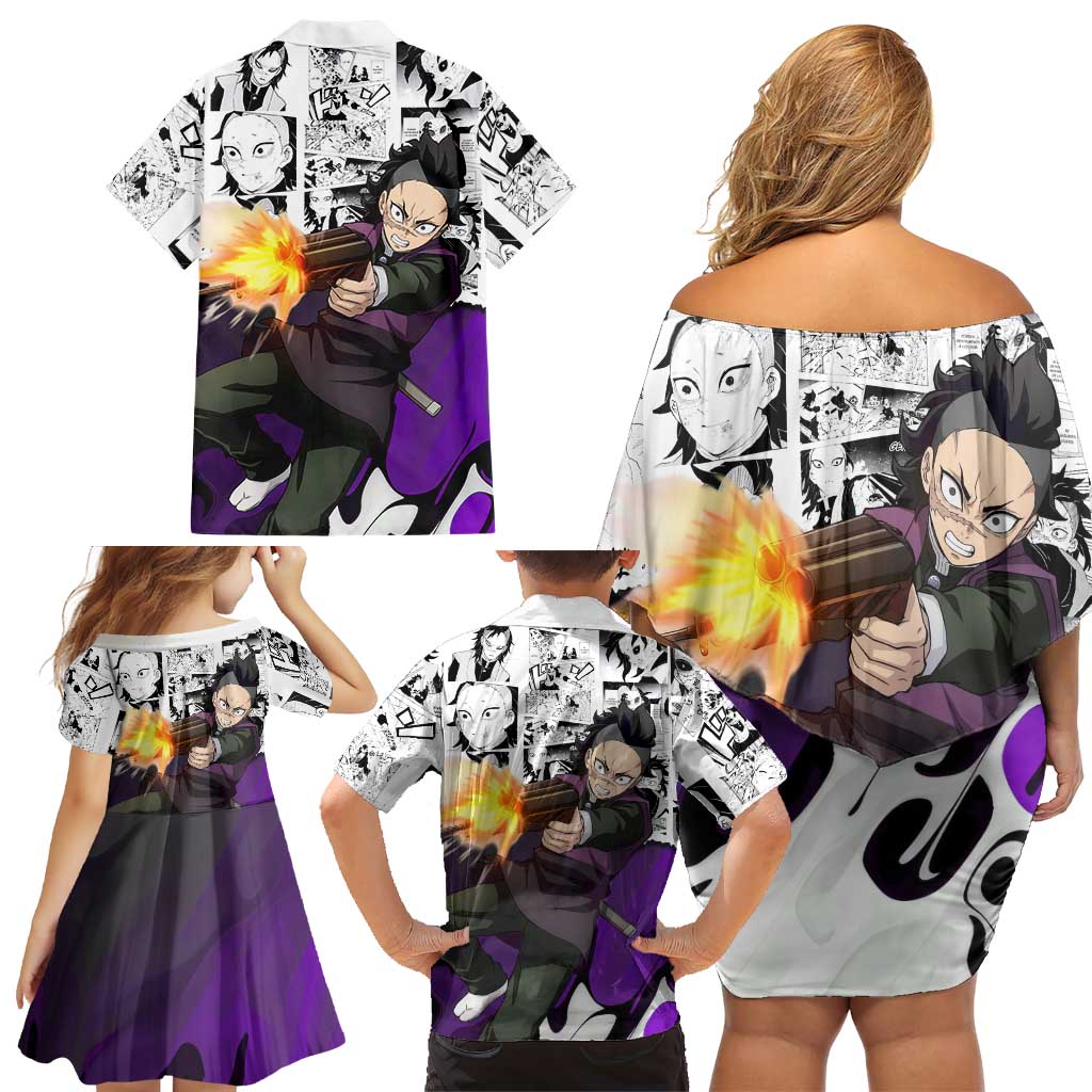 Genya Shinazugawa Demon Slayer Manga Panel Black and White Theme Family Matching Off Shoulder Short Dress and Hawaiian Shirt with Purple Accents and Gun Action Pose