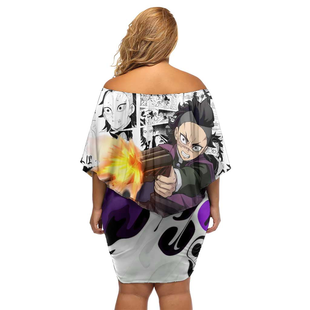 Genya Shinazugawa Demon Slayer Manga Panel Black and White Theme Family Matching Off Shoulder Short Dress and Hawaiian Shirt with Purple Accents and Gun Action Pose