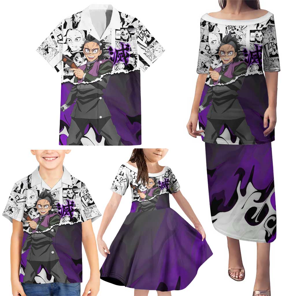 Genya Shinazugawa Demon Slayer Manga Panel Black and White Theme Family Matching Puletasi and Hawaiian Shirt with Purple Accents and Gun Action Pose