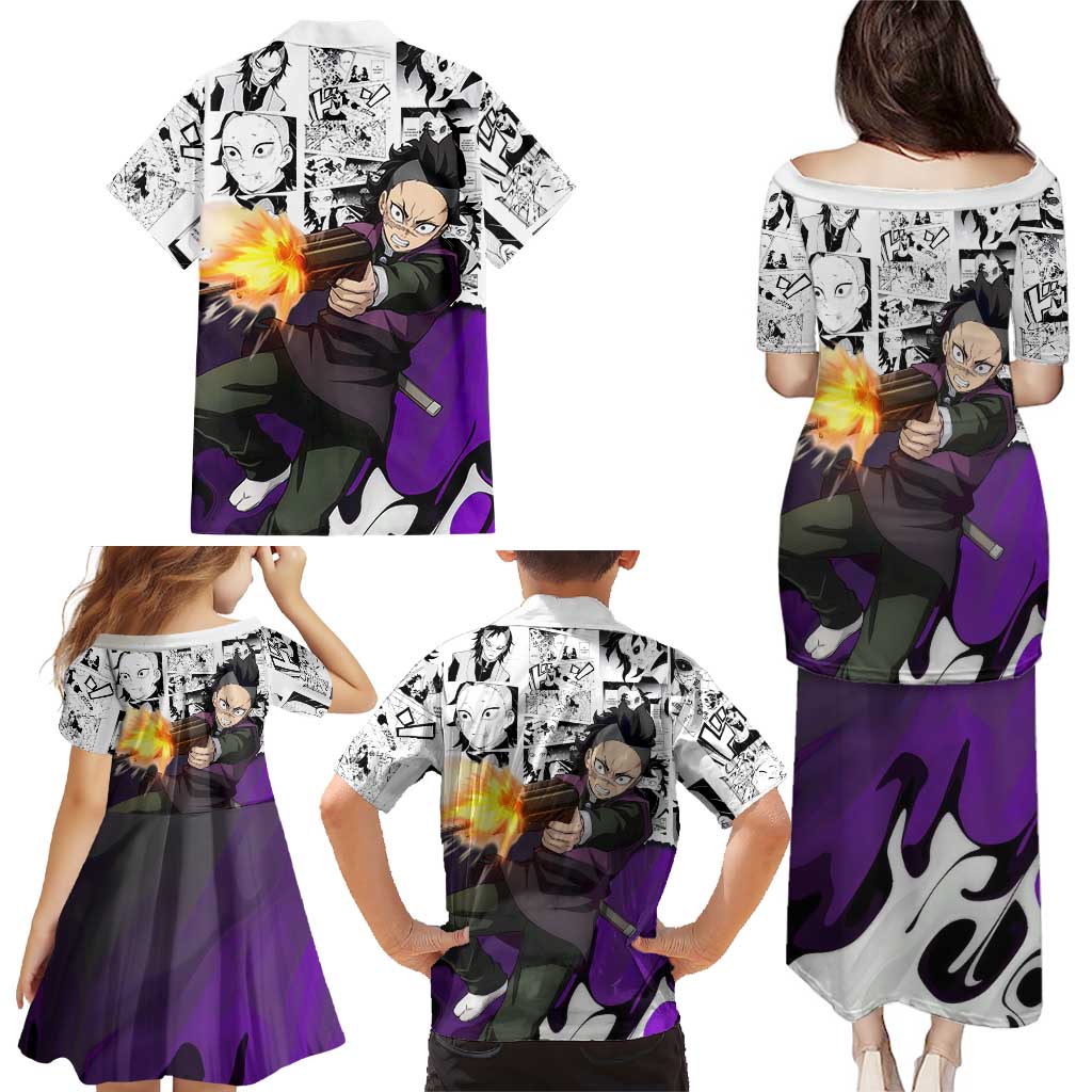 Genya Shinazugawa Demon Slayer Manga Panel Black and White Theme Family Matching Puletasi and Hawaiian Shirt with Purple Accents and Gun Action Pose