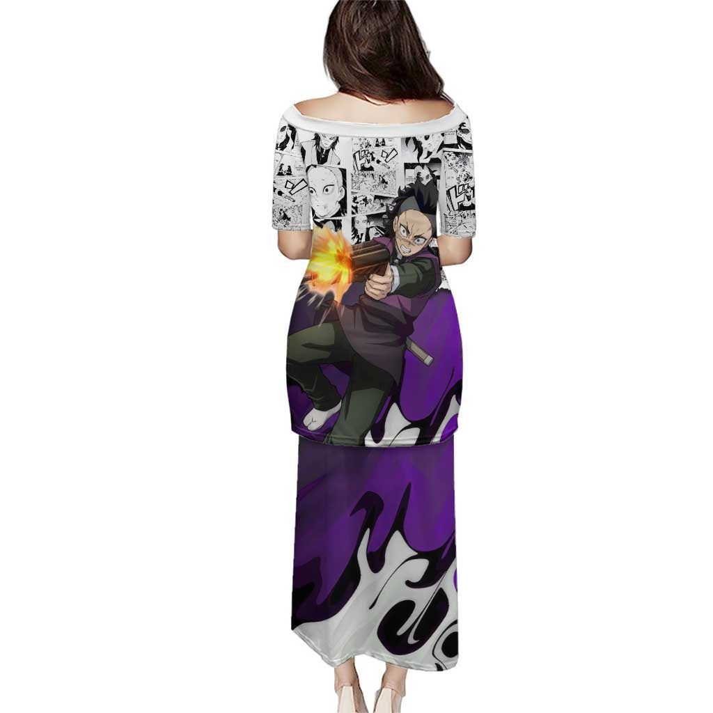 Genya Shinazugawa Demon Slayer Manga Panel Black and White Theme Family Matching Puletasi and Hawaiian Shirt with Purple Accents and Gun Action Pose