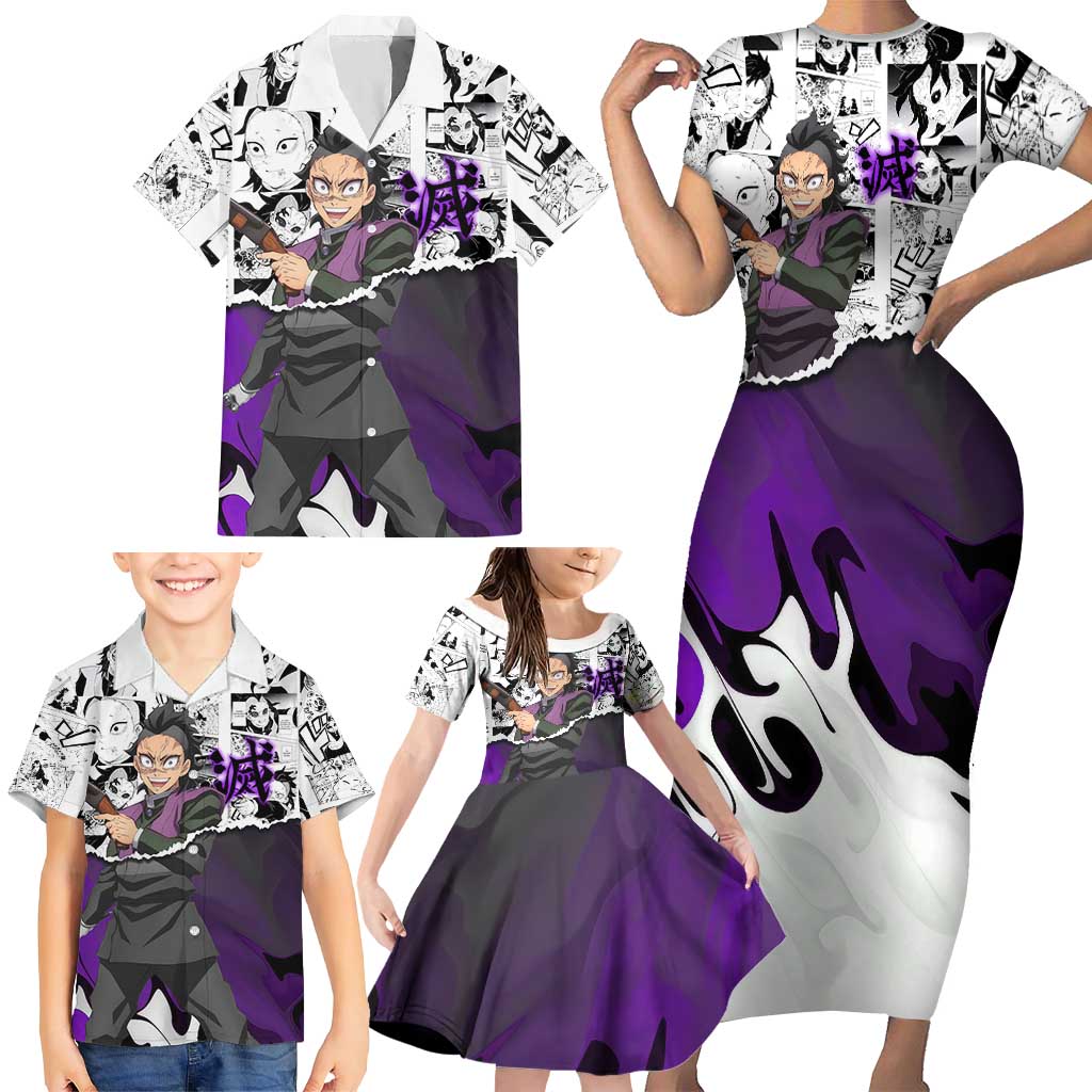 Genya Shinazugawa Demon Slayer Manga Panel Black and White Theme Family Matching Short Sleeve Bodycon Dress and Hawaiian Shirt with Purple Accents and Gun Action Pose