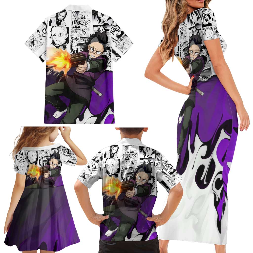 Genya Shinazugawa Demon Slayer Manga Panel Black and White Theme Family Matching Short Sleeve Bodycon Dress and Hawaiian Shirt with Purple Accents and Gun Action Pose