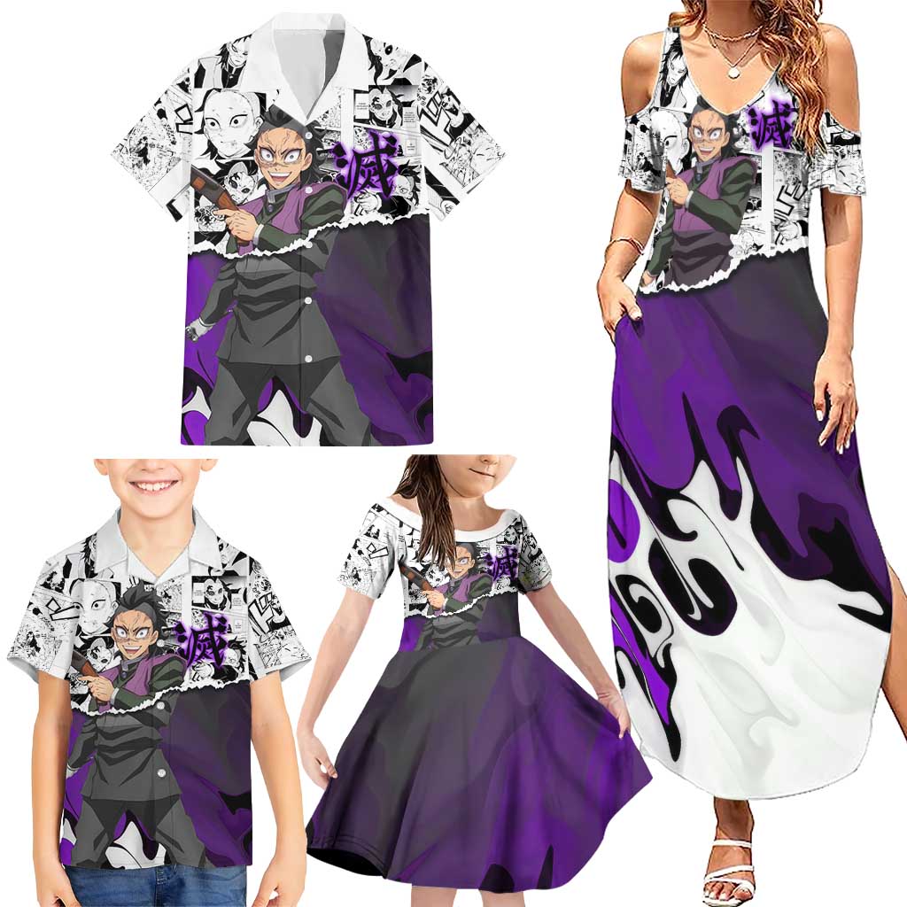 Genya Shinazugawa Demon Slayer Manga Panel Black and White Theme Family Matching Summer Maxi Dress and Hawaiian Shirt with Purple Accents and Gun Action Pose