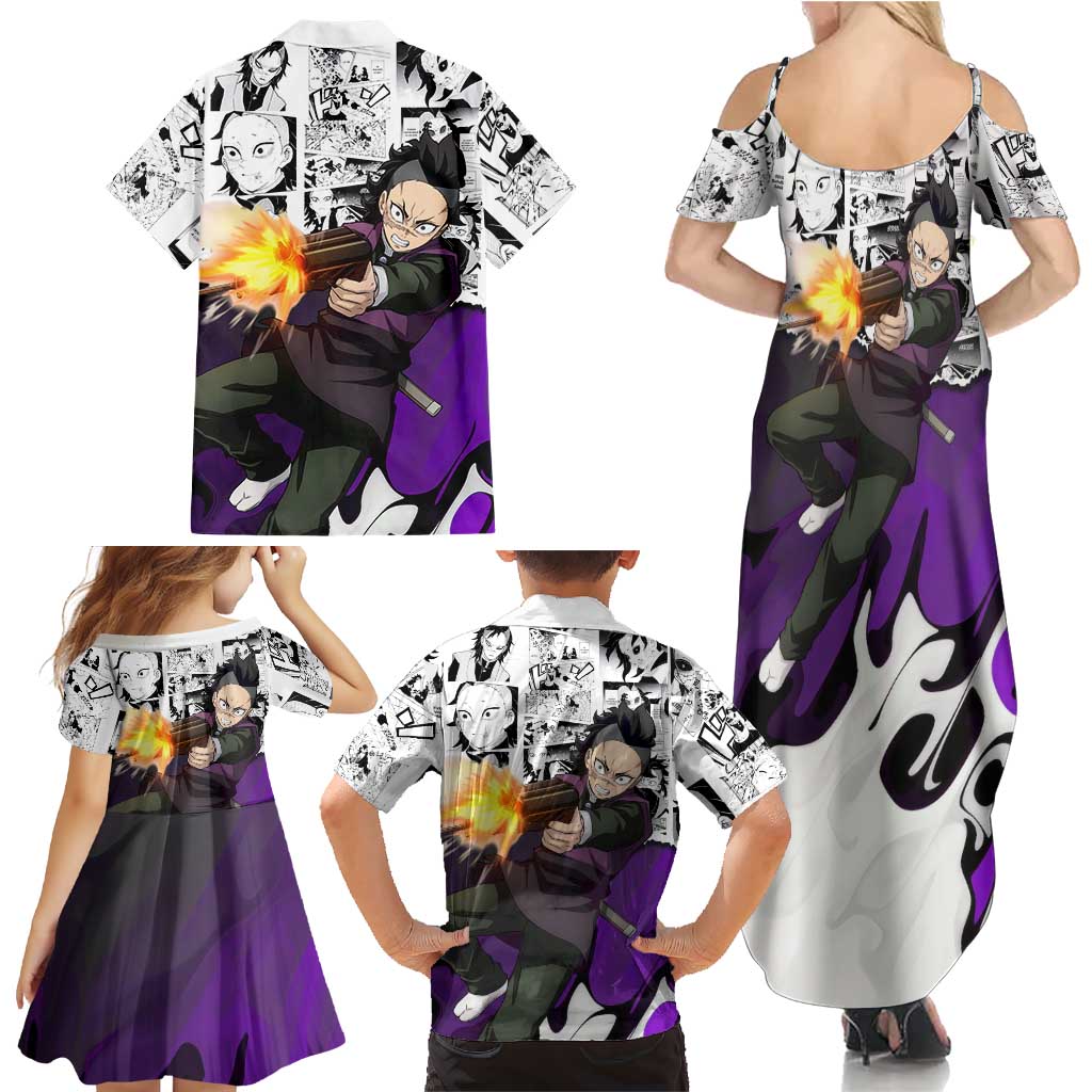 Genya Shinazugawa Demon Slayer Manga Panel Black and White Theme Family Matching Summer Maxi Dress and Hawaiian Shirt with Purple Accents and Gun Action Pose