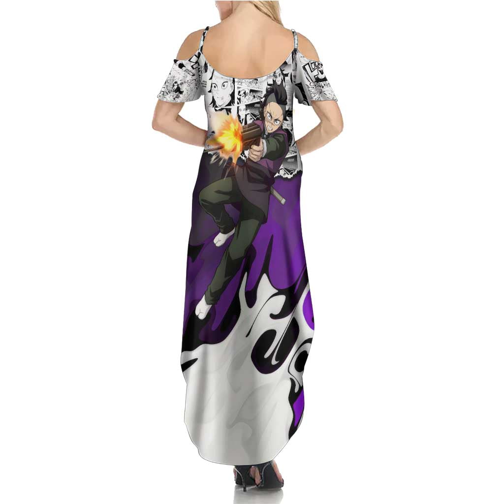 Genya Shinazugawa Demon Slayer Manga Panel Black and White Theme Family Matching Summer Maxi Dress and Hawaiian Shirt with Purple Accents and Gun Action Pose