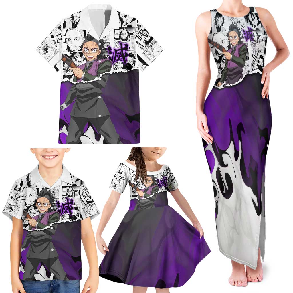 Genya Shinazugawa Demon Slayer Manga Panel Black and White Theme Family Matching Tank Maxi Dress and Hawaiian Shirt with Purple Accents and Gun Action Pose