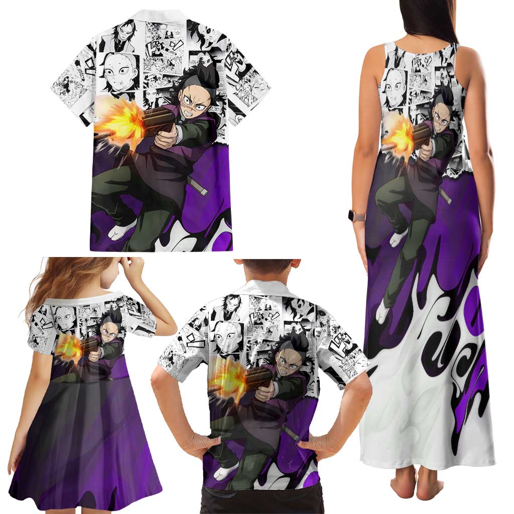 Genya Shinazugawa Demon Slayer Manga Panel Black and White Theme Family Matching Tank Maxi Dress and Hawaiian Shirt with Purple Accents and Gun Action Pose
