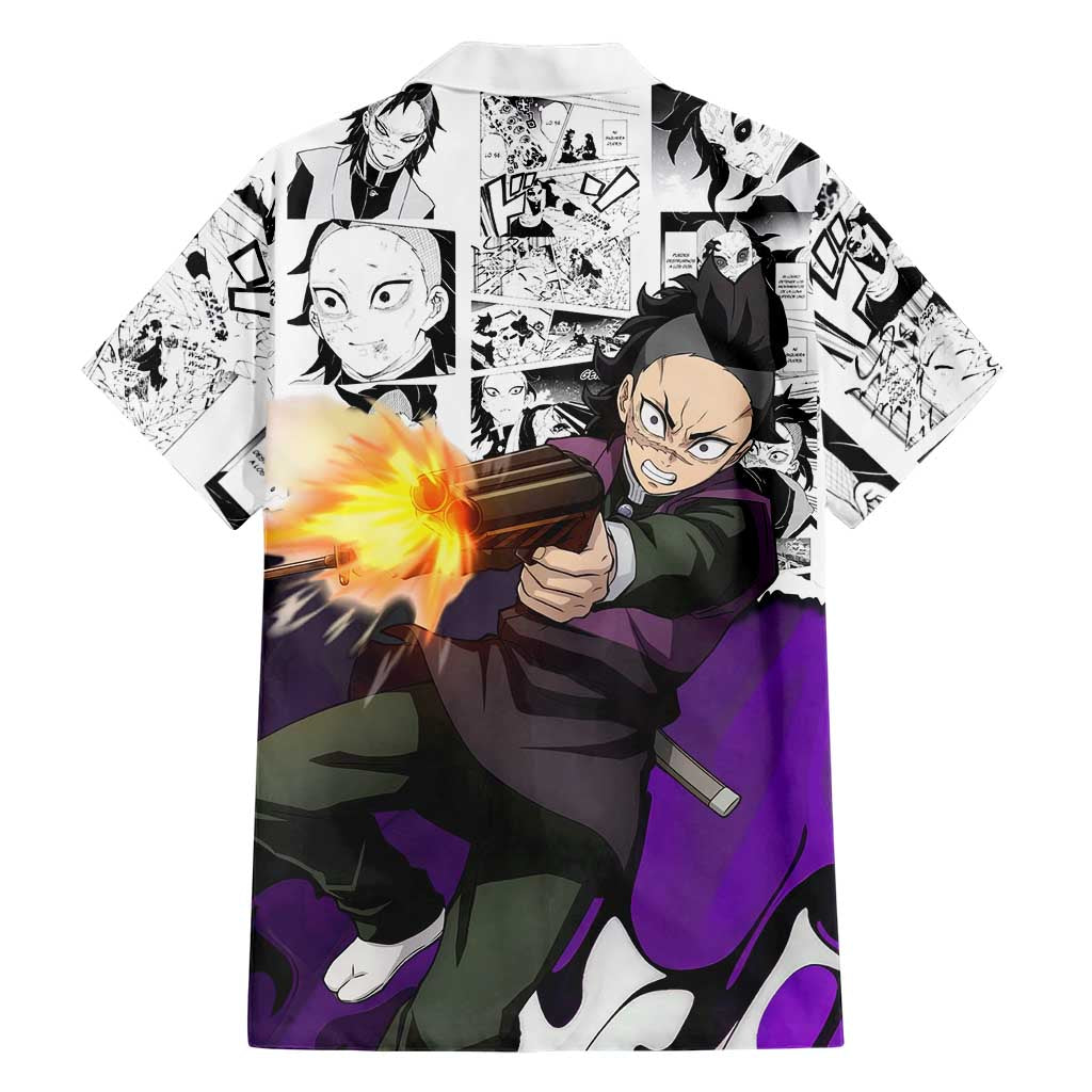 Genya Shinazugawa Demon Slayer Manga Panel Black and White Theme Family Matching Tank Maxi Dress and Hawaiian Shirt with Purple Accents and Gun Action Pose