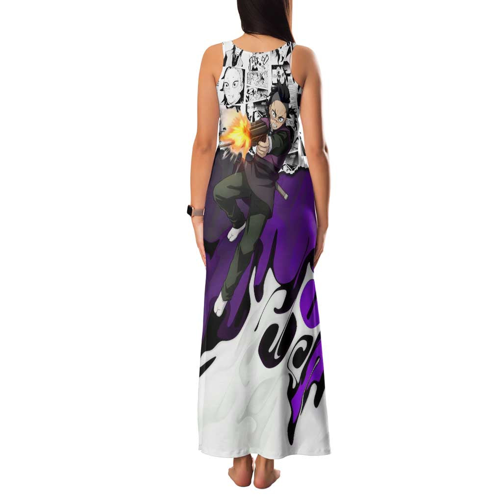 Genya Shinazugawa Demon Slayer Manga Panel Black and White Theme Family Matching Tank Maxi Dress and Hawaiian Shirt with Purple Accents and Gun Action Pose