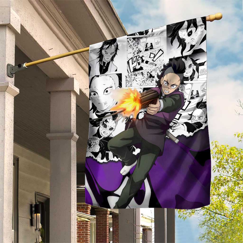 Genya Shinazugawa Demon Slayer Manga Panel Black and White Theme Garden Flag with Purple Accents and Gun Action Pose - The Mazicc