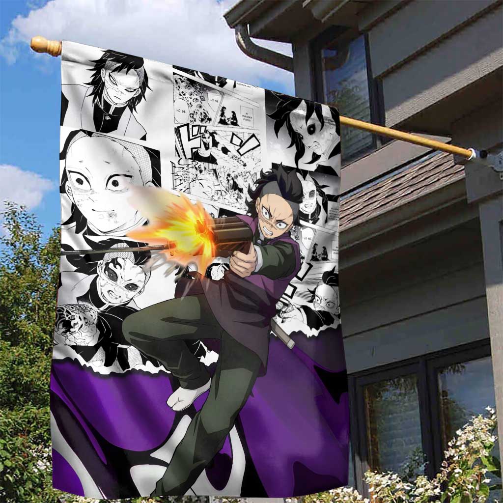 Genya Shinazugawa Demon Slayer Manga Panel Black and White Theme Garden Flag with Purple Accents and Gun Action Pose - The Mazicc