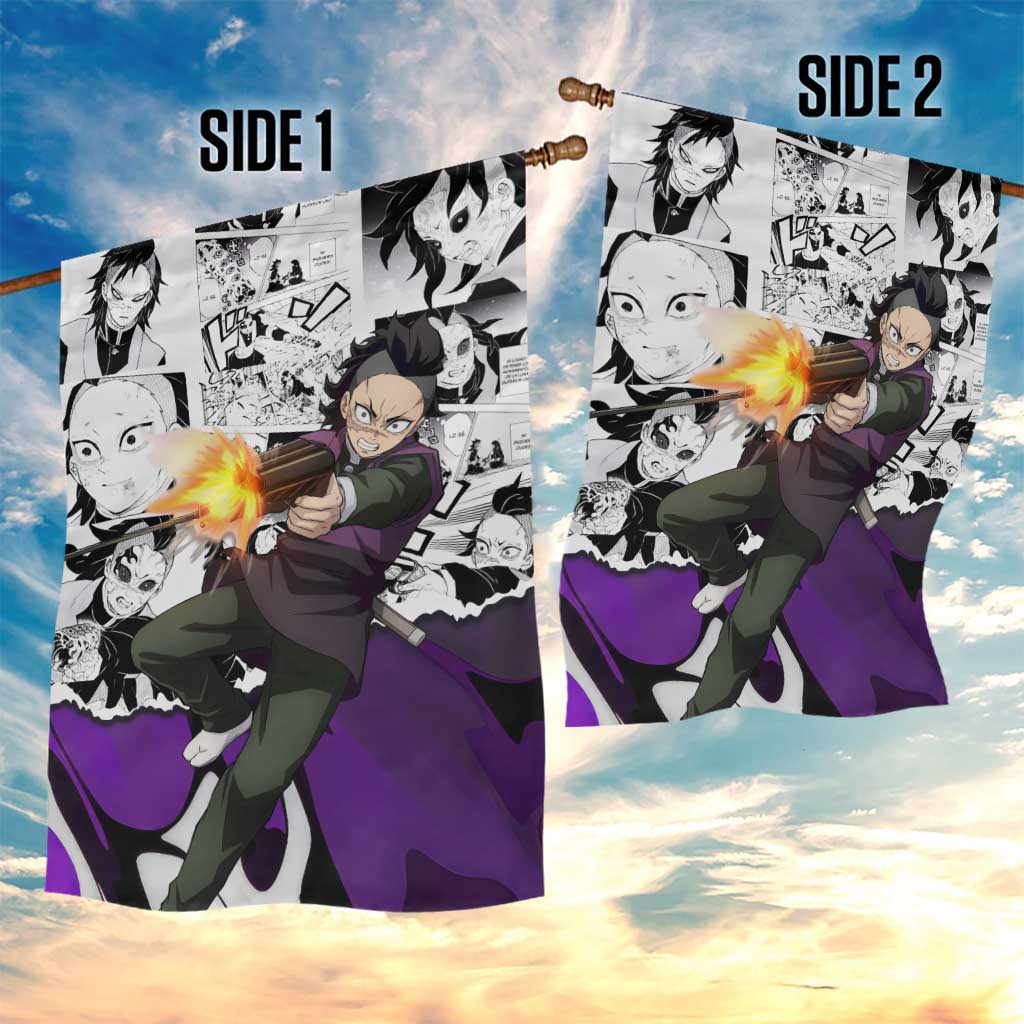Genya Shinazugawa Demon Slayer Manga Panel Black and White Theme Garden Flag with Purple Accents and Gun Action Pose - The Mazicc