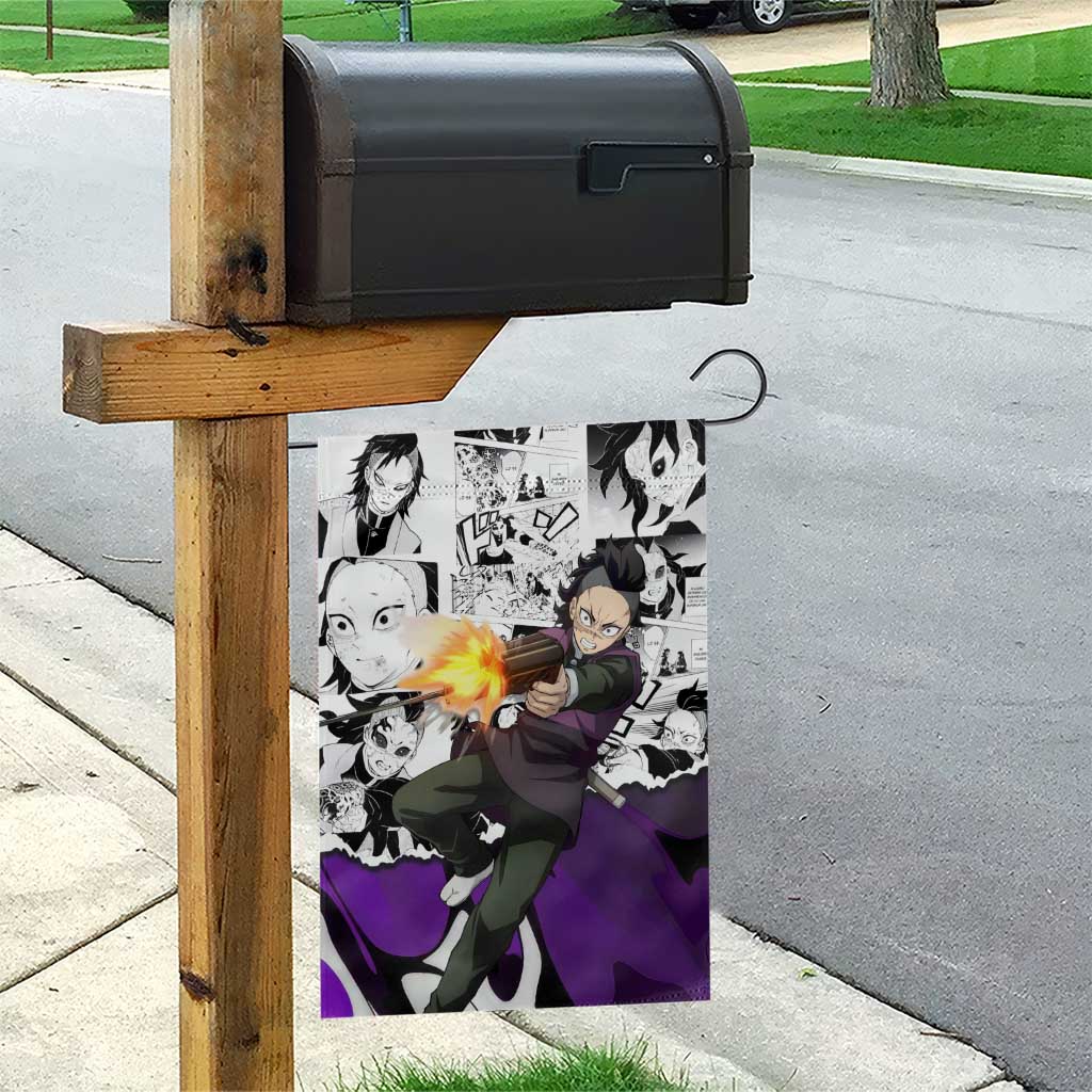 Genya Shinazugawa Demon Slayer Manga Panel Black and White Theme Garden Flag with Purple Accents and Gun Action Pose - The Mazicc