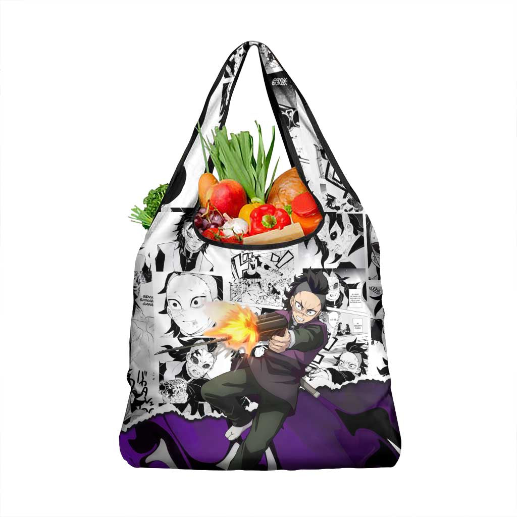 Genya Shinazugawa Demon Slayer Manga Panel Black and White Theme Grocery Bag with Purple Accents and Gun Action Pose - The Mazicc
