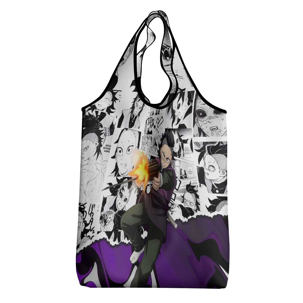 Genya Shinazugawa Demon Slayer Manga Panel Black and White Theme Grocery Bag with Purple Accents and Gun Action Pose - The Mazicc
