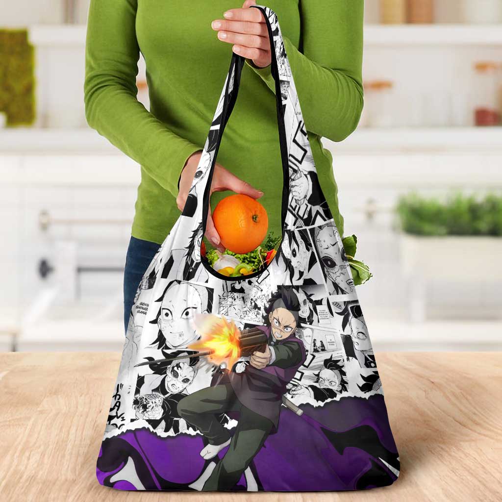 Genya Shinazugawa Demon Slayer Manga Panel Black and White Theme Grocery Bag with Purple Accents and Gun Action Pose - The Mazicc