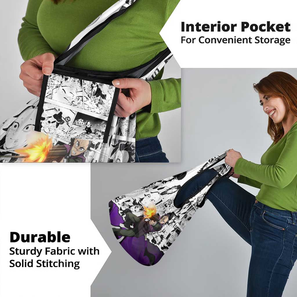 Genya Shinazugawa Demon Slayer Manga Panel Black and White Theme Grocery Bag with Purple Accents and Gun Action Pose - The Mazicc