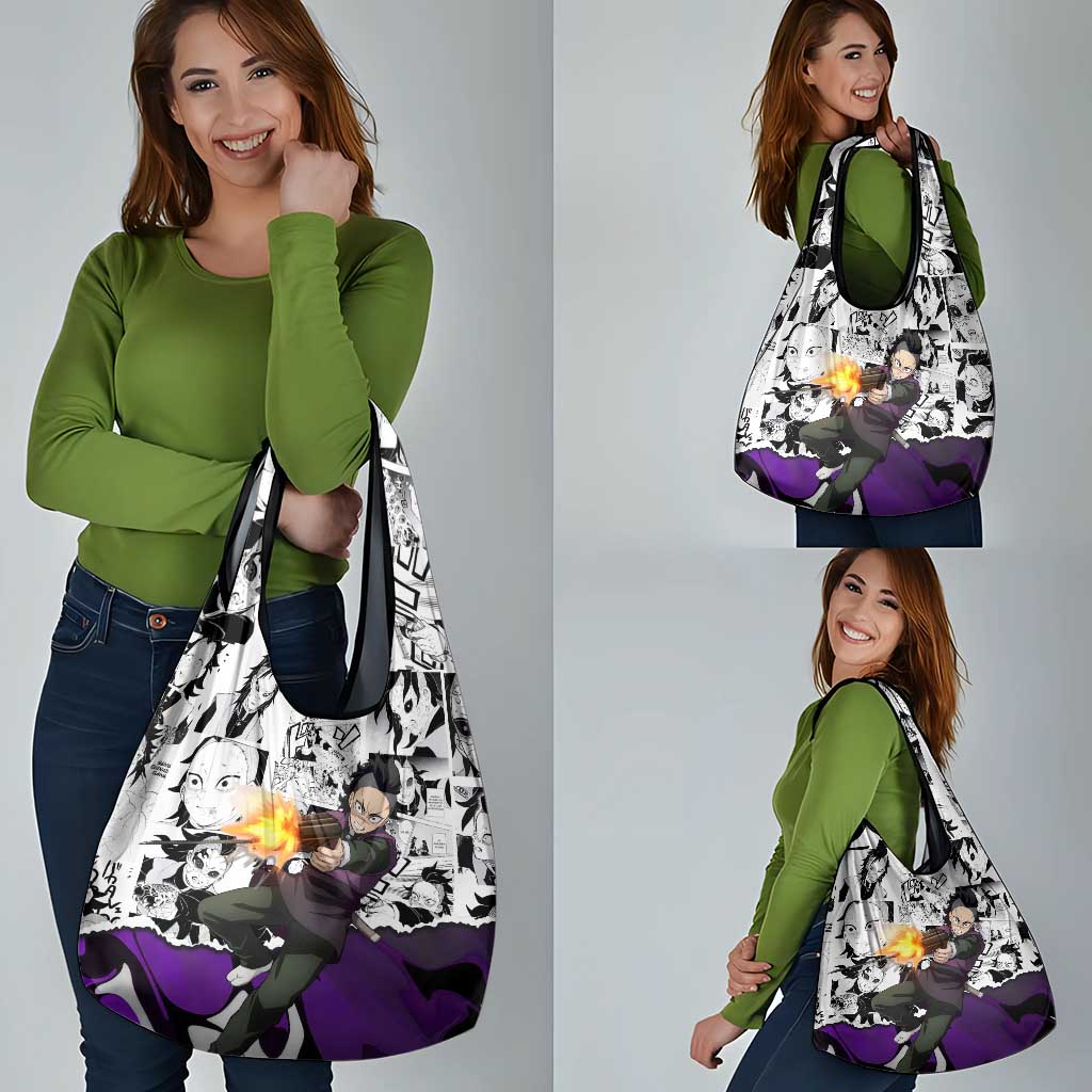 Genya Shinazugawa Demon Slayer Manga Panel Black and White Theme Grocery Bag with Purple Accents and Gun Action Pose - The Mazicc