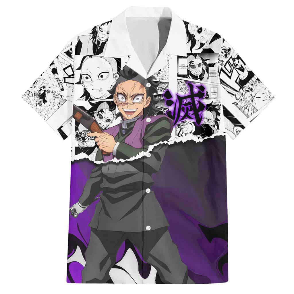 Genya Shinazugawa Demon Slayer Manga Panel Black and White Theme Hawaiian Shirt with Purple Accents and Gun Action Pose - The Mazicc