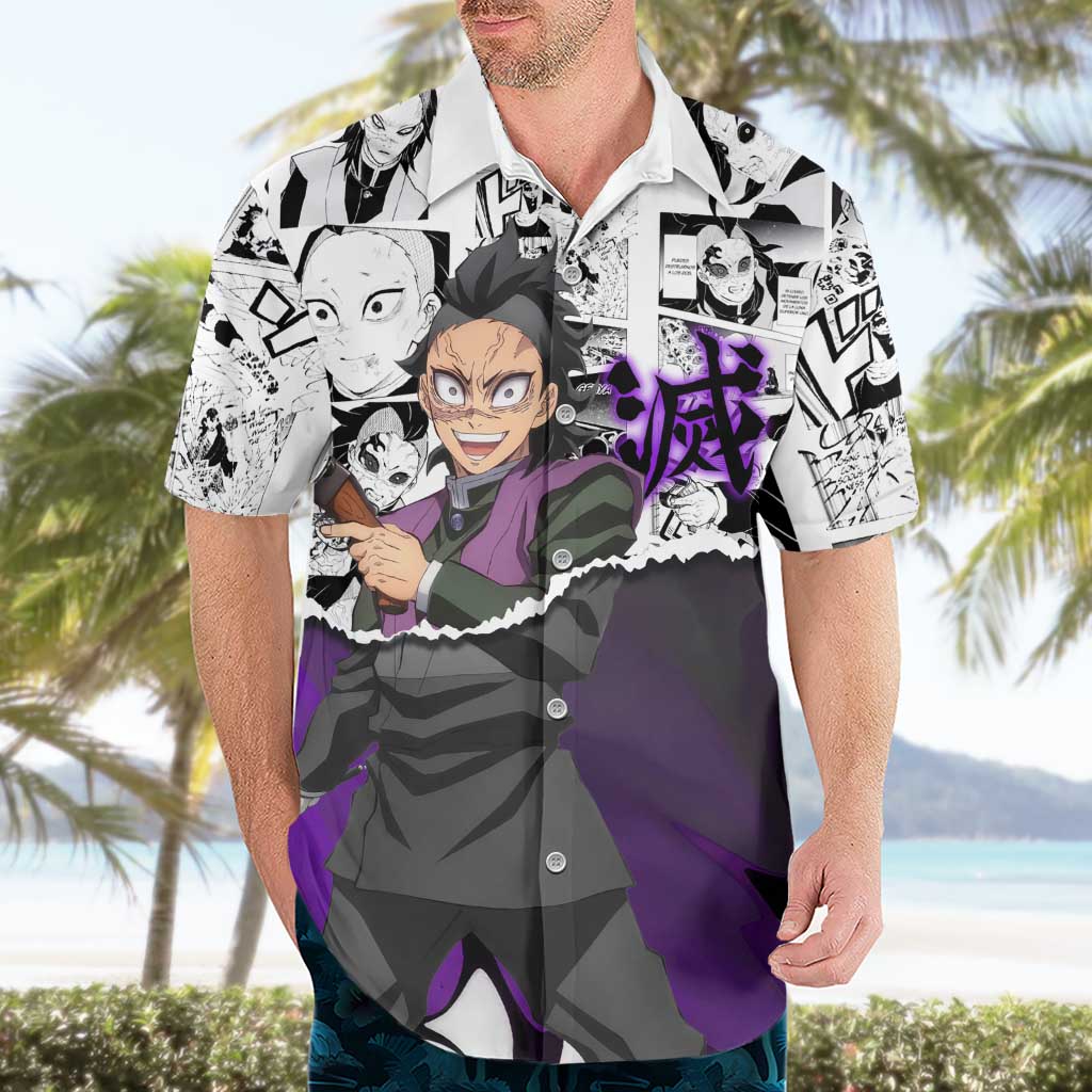 Genya Shinazugawa Demon Slayer Manga Panel Black and White Theme Hawaiian Shirt with Purple Accents and Gun Action Pose - The Mazicc