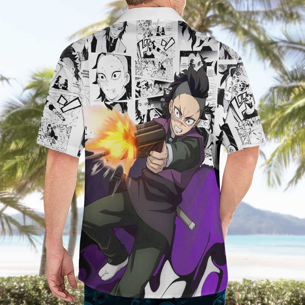 Genya Shinazugawa Demon Slayer Manga Panel Black and White Theme Hawaiian Shirt with Purple Accents and Gun Action Pose - The Mazicc