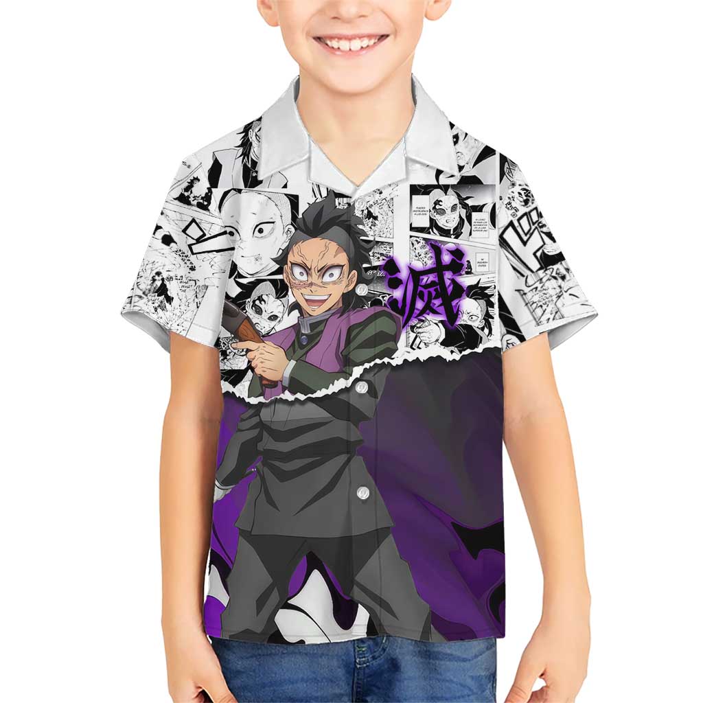 Genya Shinazugawa Demon Slayer Manga Panel Black and White Theme Hawaiian Shirt with Purple Accents and Gun Action Pose - The Mazicc
