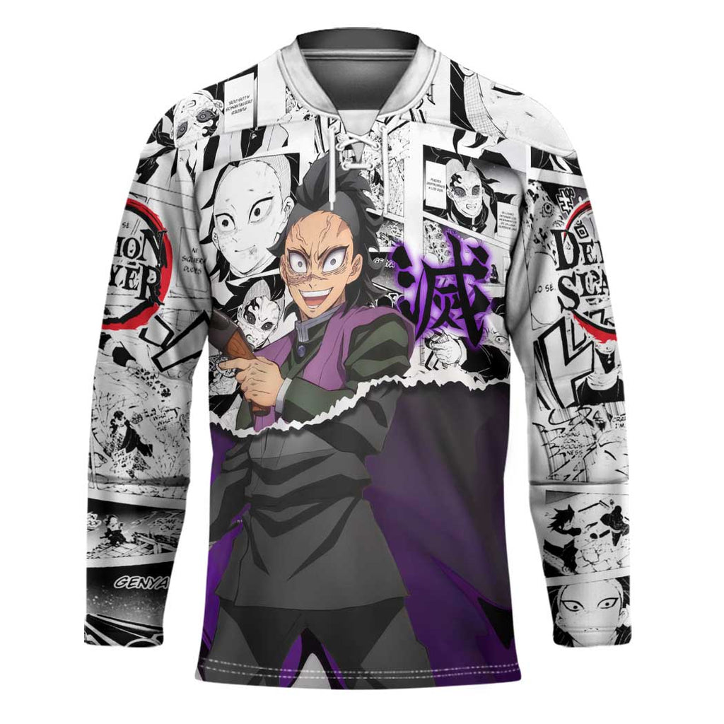 Genya Shinazugawa Demon Slayer Manga Panel Black and White Theme Hockey Jersey with Purple Accents and Gun Action Pose - The Mazicc