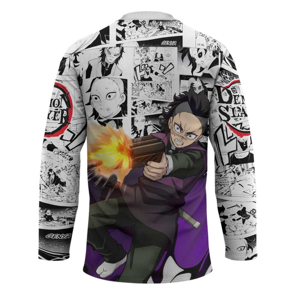Genya Shinazugawa Demon Slayer Manga Panel Black and White Theme Hockey Jersey with Purple Accents and Gun Action Pose - The Mazicc