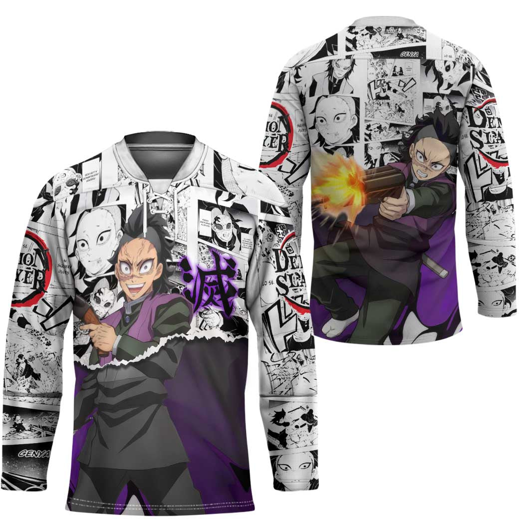 Genya Shinazugawa Demon Slayer Manga Panel Black and White Theme Hockey Jersey with Purple Accents and Gun Action Pose - The Mazicc