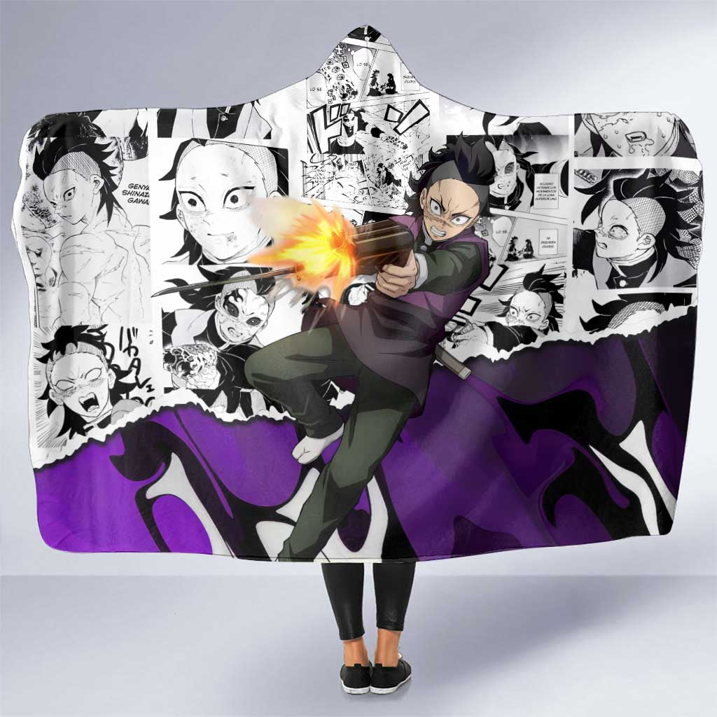 Genya Shinazugawa Demon Slayer Manga Panel Black and White Theme Hooded Blanket with Purple Accents and Gun Action Pose - The Mazicc
