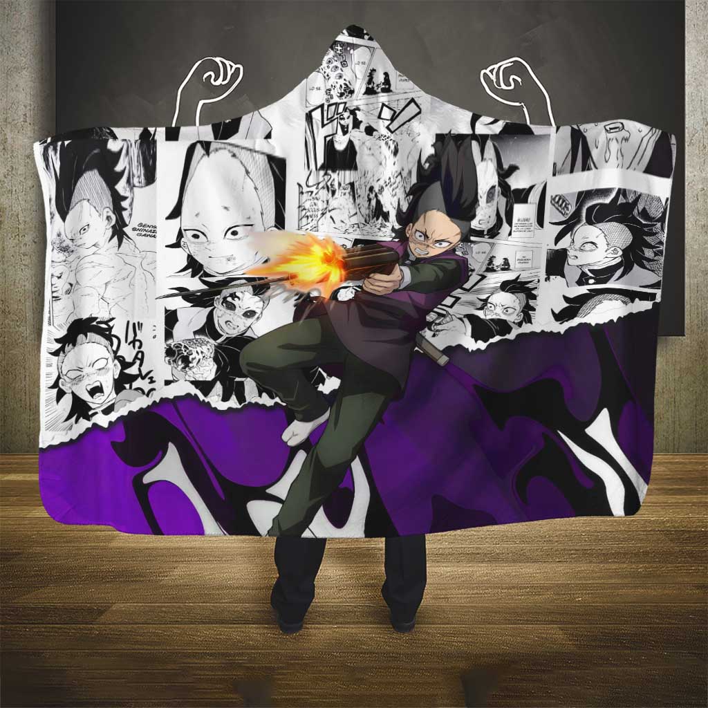 Genya Shinazugawa Demon Slayer Manga Panel Black and White Theme Hooded Blanket with Purple Accents and Gun Action Pose - The Mazicc