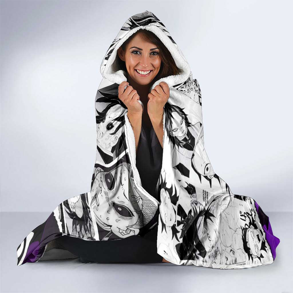 Genya Shinazugawa Demon Slayer Manga Panel Black and White Theme Hooded Blanket with Purple Accents and Gun Action Pose - The Mazicc