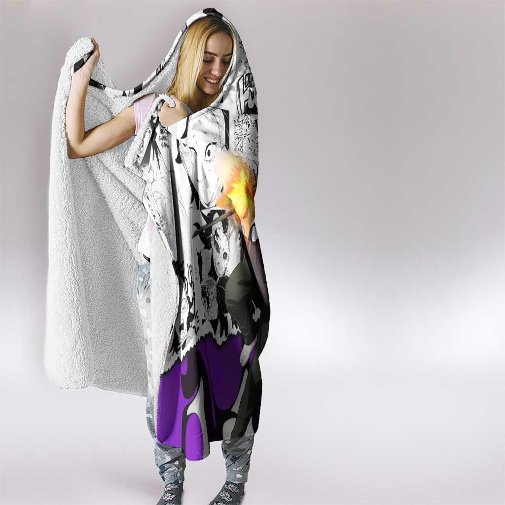 Genya Shinazugawa Demon Slayer Manga Panel Black and White Theme Hooded Blanket with Purple Accents and Gun Action Pose - The Mazicc