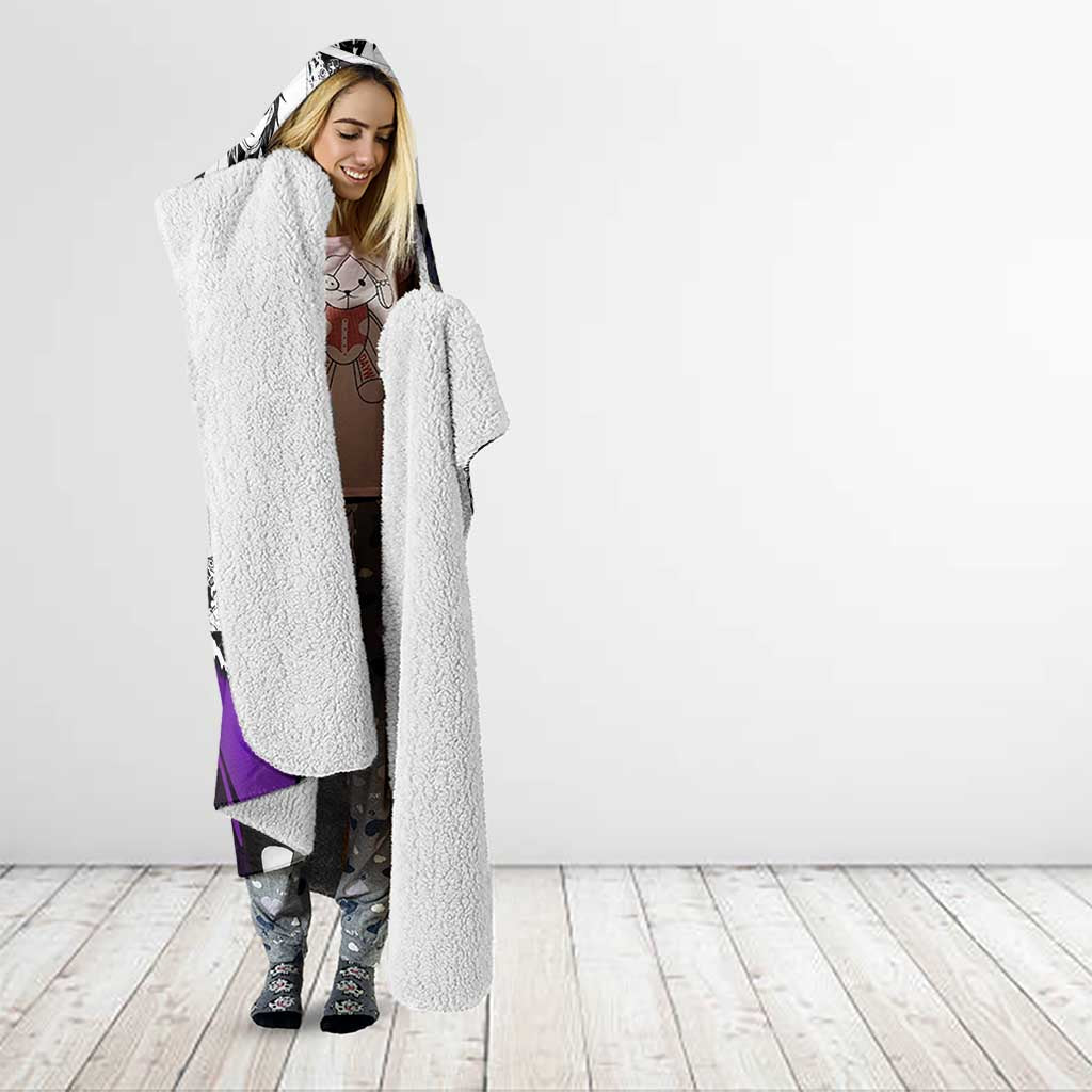 Genya Shinazugawa Demon Slayer Manga Panel Black and White Theme Hooded Blanket with Purple Accents and Gun Action Pose - The Mazicc