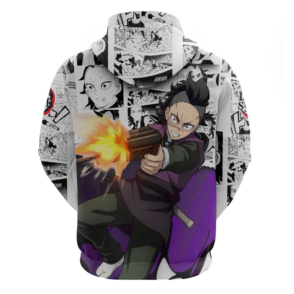 Genya Shinazugawa Demon Slayer Manga Panel Black and White Theme Hoodie with Purple Accents and Gun Action Pose - The Mazicc