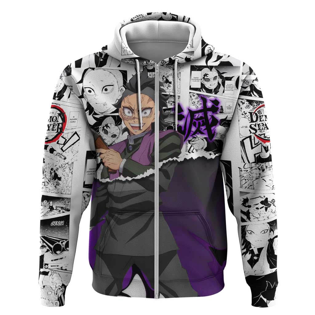 Genya Shinazugawa Demon Slayer Manga Panel Black and White Theme Hoodie with Purple Accents and Gun Action Pose - The Mazicc