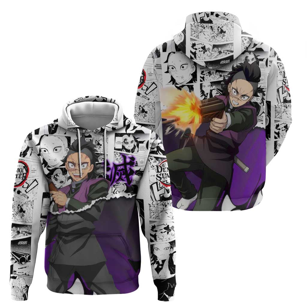 Genya Shinazugawa Demon Slayer Manga Panel Black and White Theme Hoodie with Purple Accents and Gun Action Pose - The Mazicc