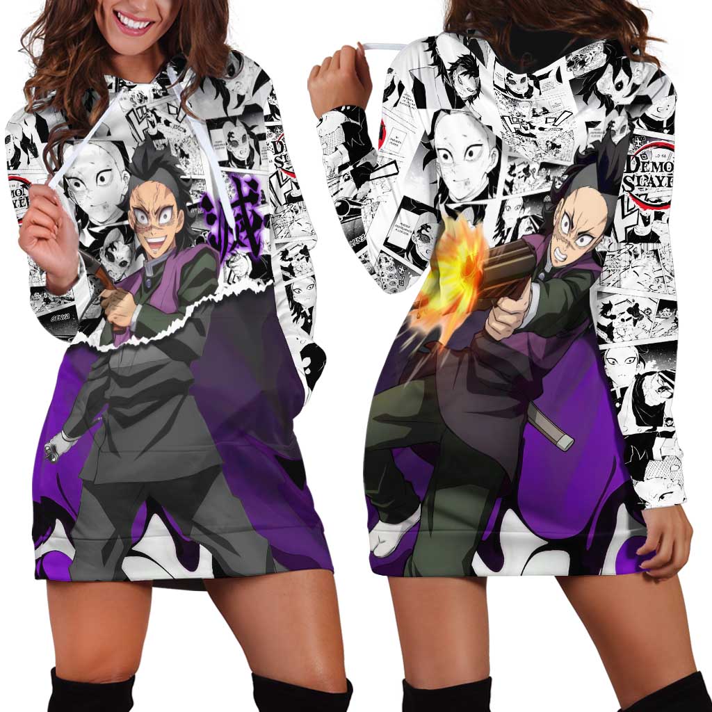Genya Shinazugawa Demon Slayer Manga Panel Black and White Theme Hoodie Dress with Purple Accents and Gun Action Pose - The Mazicc