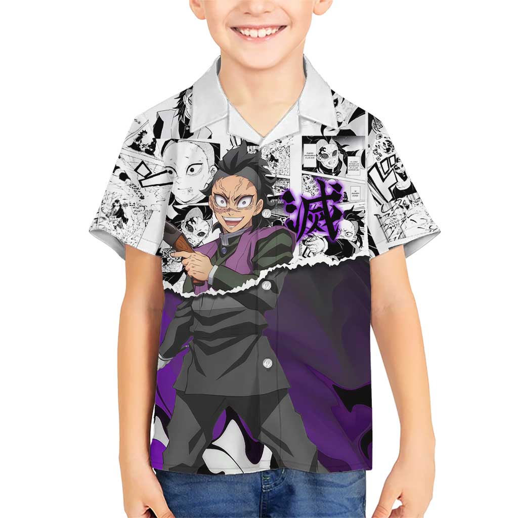 Genya Shinazugawa Demon Slayer Manga Panel Black and White Theme Kid Hawaiian Shirt with Purple Accents and Gun Action Pose - The Mazicc